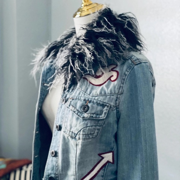 Chic Upcycled Denim Jacket with Mongolian Lamb Fur Collar and Cuffs with Cowhide - Picture 8 of 14